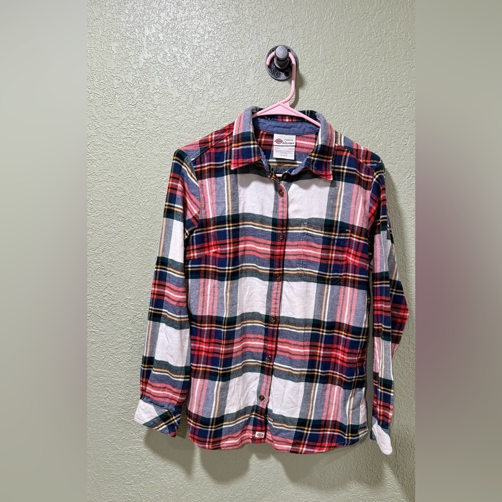 Dickies Women's Red and Black Plaid Button Down Shirt